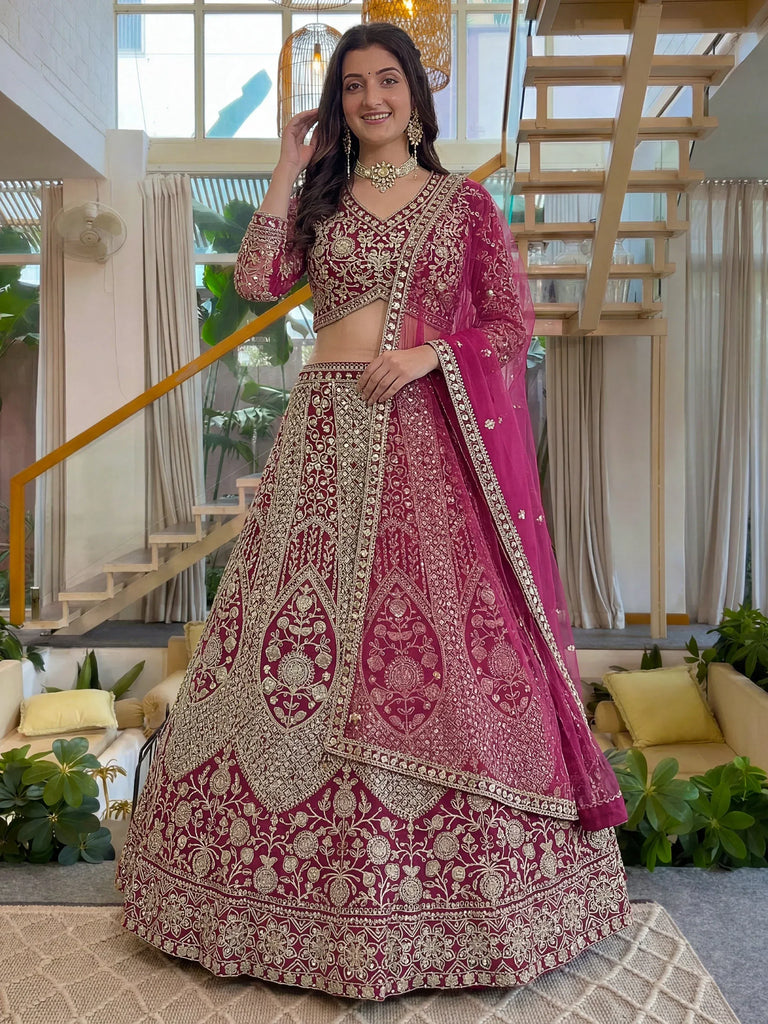 Shiny Pink Codding Embroidery Net Engagement Wear Lehenga With Blouse