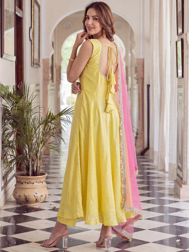 Aesthetics Yellow Laced Silk Party Wear Anarkali Suit With Dupatta