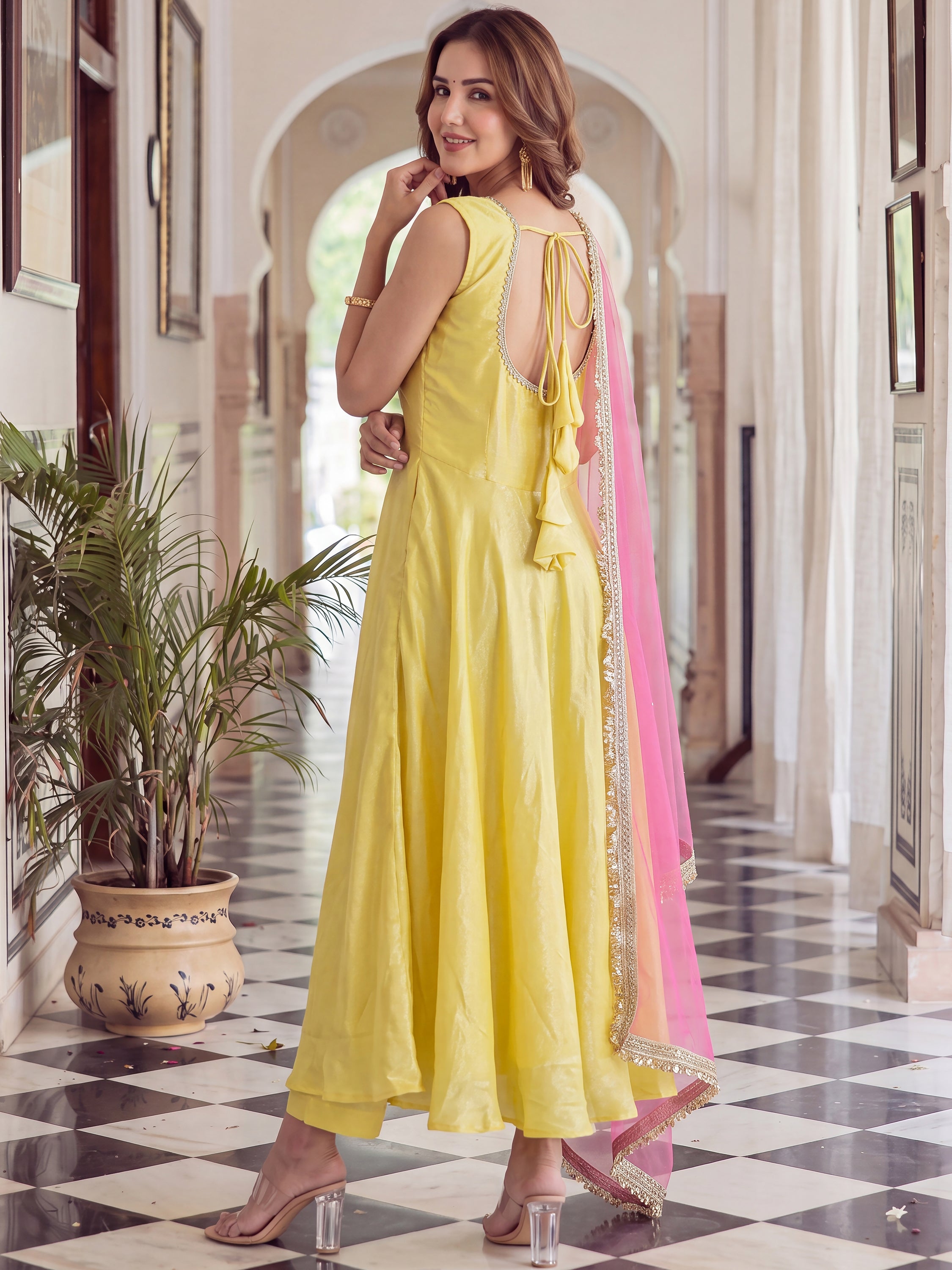 Aesthetics Yellow Laced Silk Party Wear Anarkali Suit With Dupatta