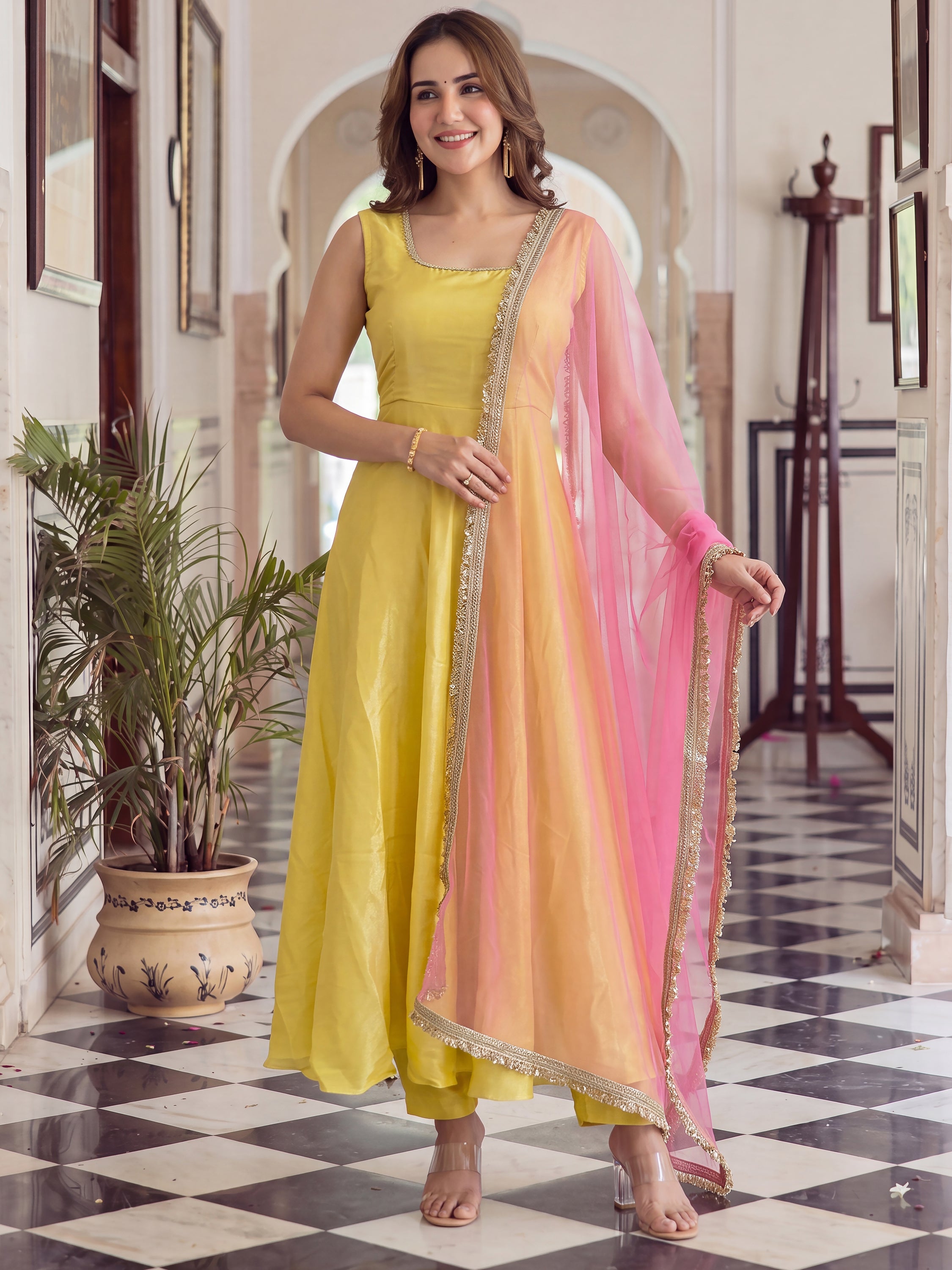 Aesthetics Yellow Laced Silk Party Wear Anarkali Suit With Dupatta