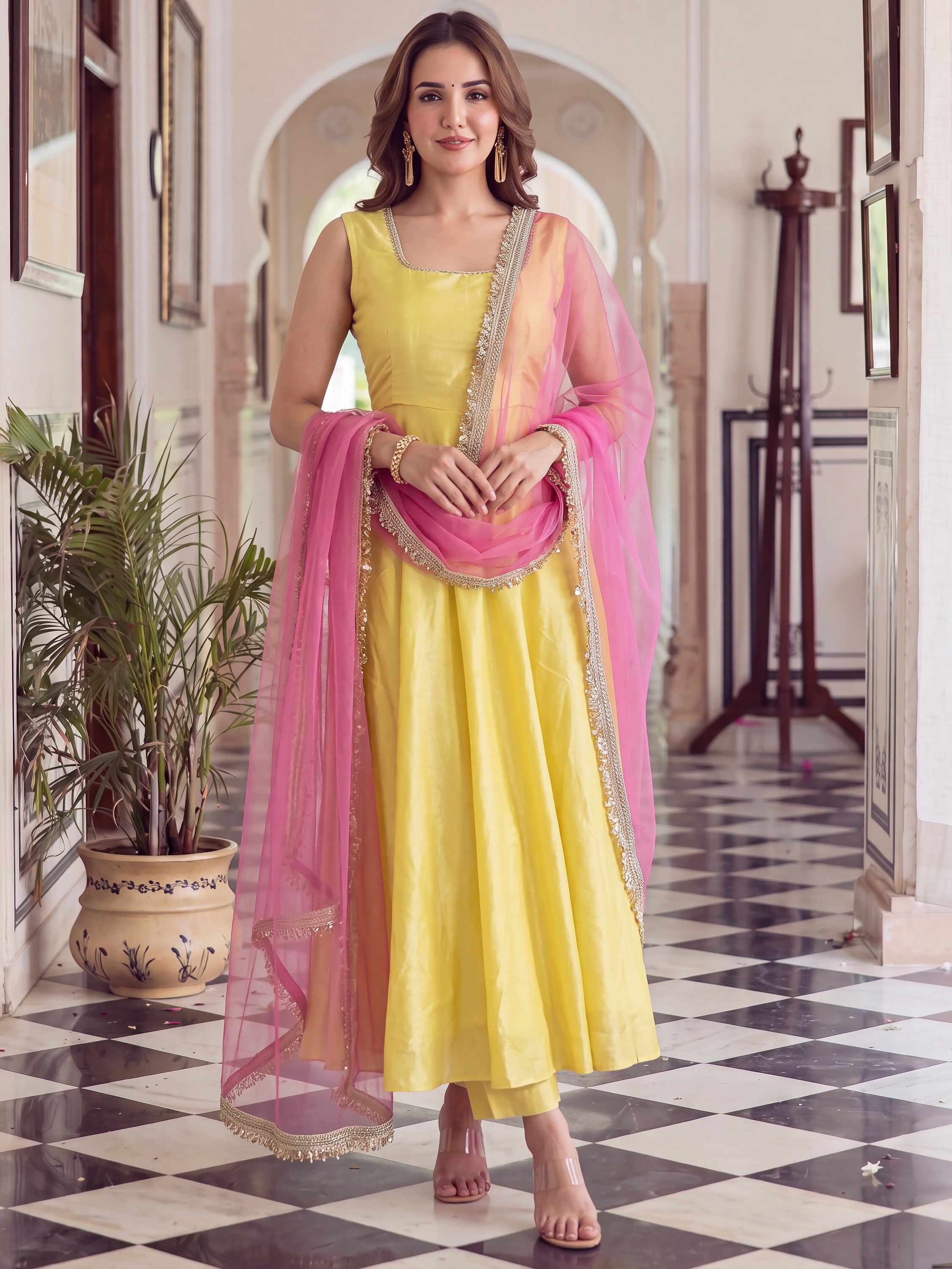Aesthetics Yellow Laced Silk Party Wear Anarkali Suit With Dupatta