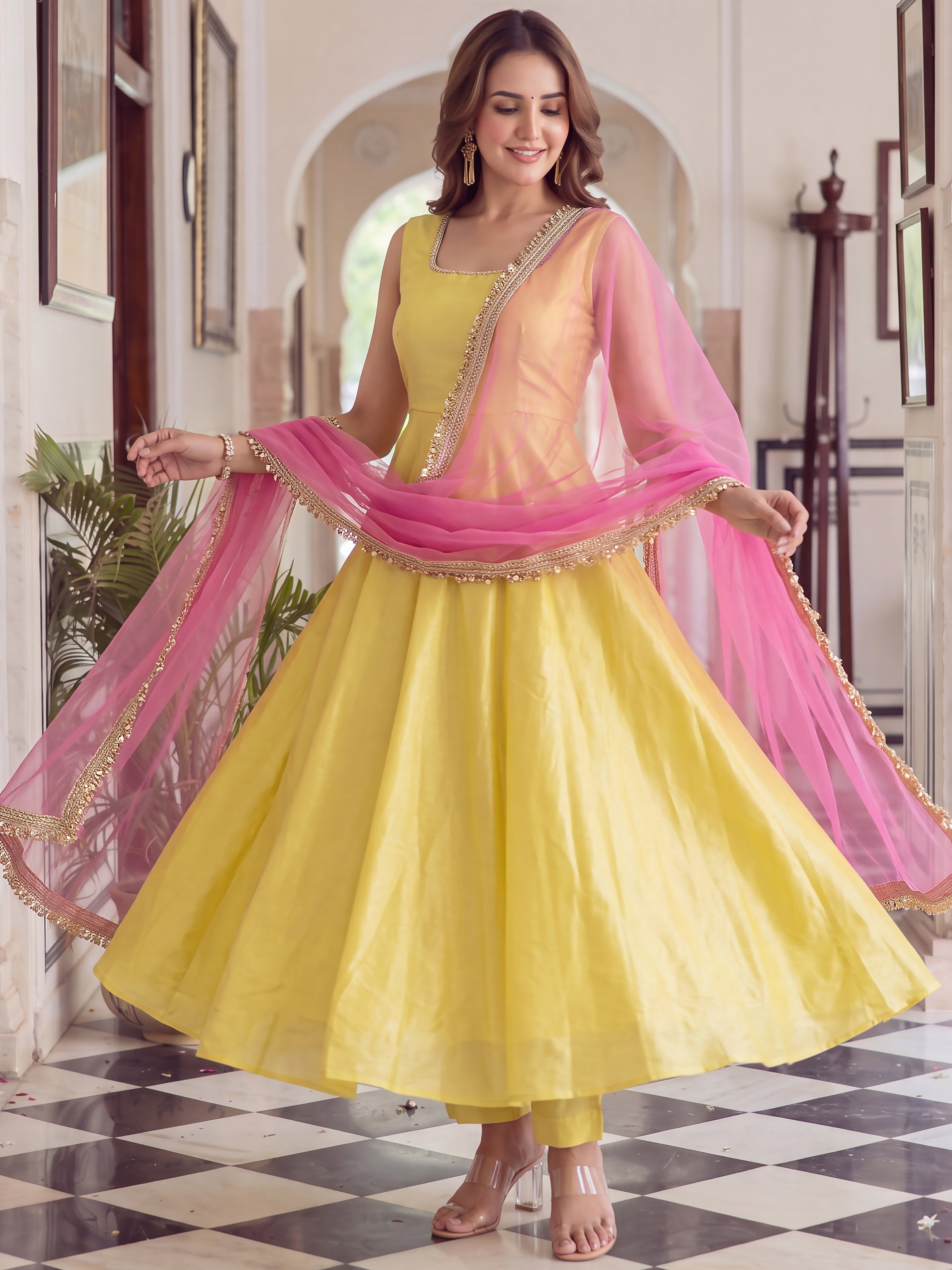 Aesthetics Yellow Laced Silk Party Wear Anarkali Suit With Dupatta