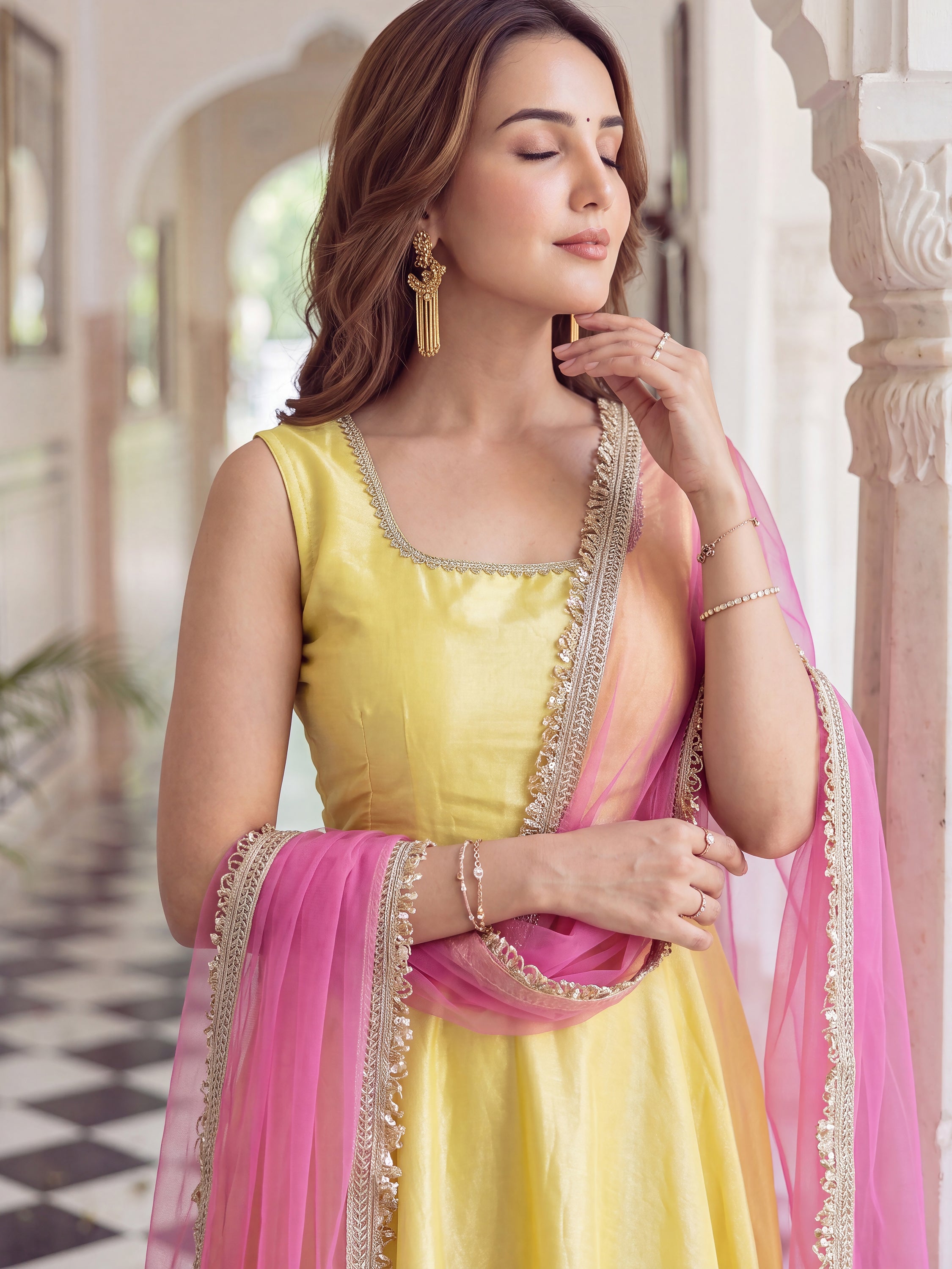 Aesthetics Yellow Laced Silk Party Wear Anarkali Suit With Dupatta