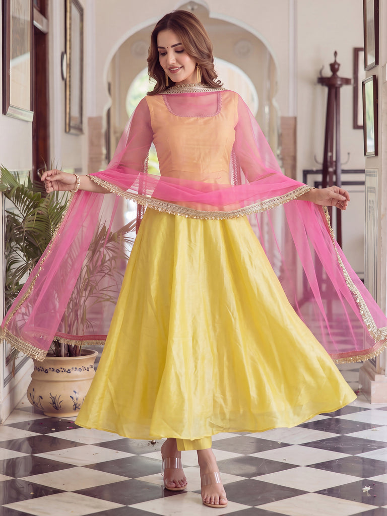 Aesthetics Yellow Laced Silk Party Wear Anarkali Suit With Dupatta
