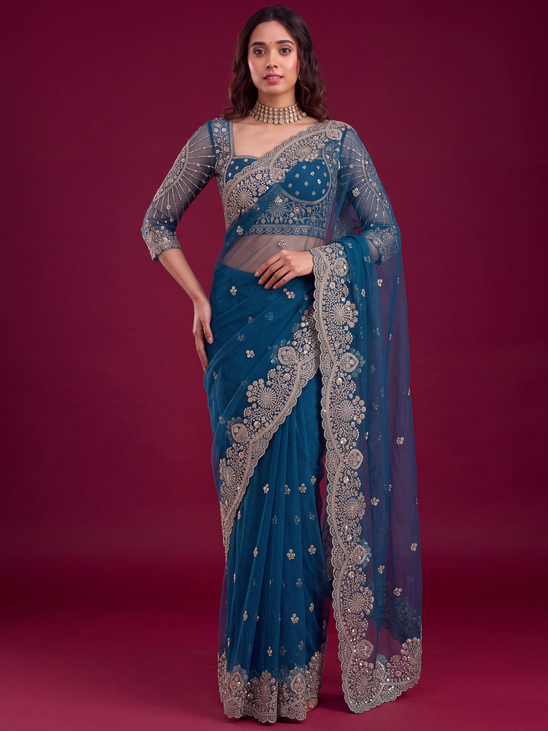 Sparkling Teal Blue Embroidered Net Reception Wear Saree With Blouse