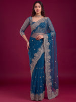Sparkling Teal Blue Embroidered Net Reception Wear Saree With Blouse