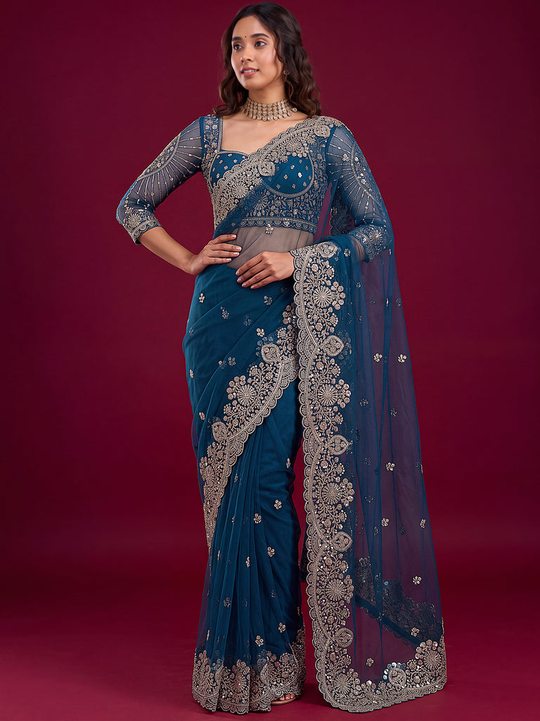 Sparkling Teal Blue Embroidered Net Reception Wear Saree With Blouse