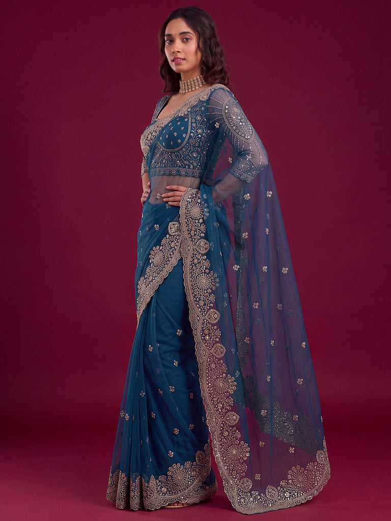 Sparkling Teal Blue Embroidered Net Reception Wear Saree With Blouse