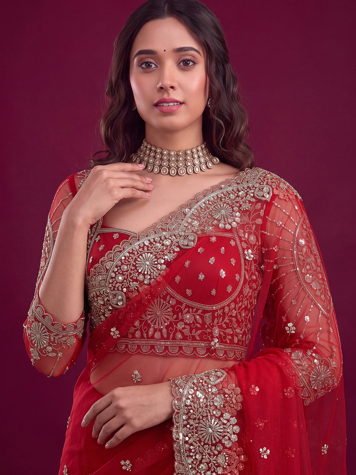 Luxurious Red Embroidered Net Bridal Wear Saree With Blouse