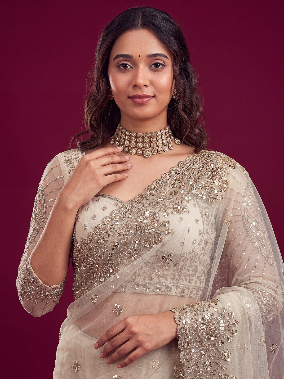 Delightful White Sequins Net Event Wear Saree With Blouse
