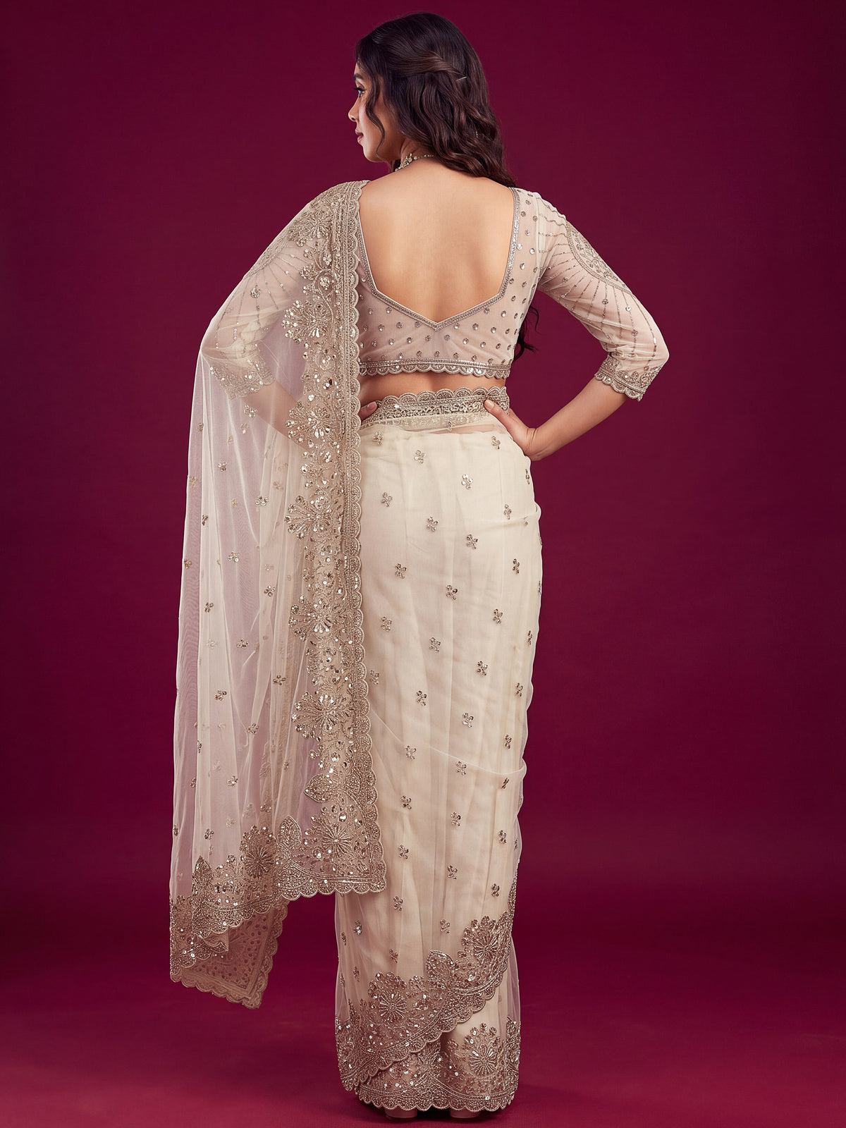 Delightful White Sequins Net Event Wear Saree With Blouse