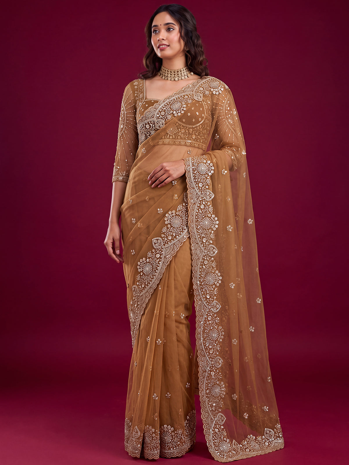 Elegant Brown Sequins Net Wedding Wear Saree With Blouse