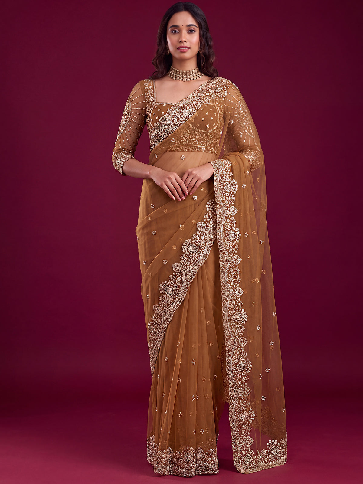 Elegant Brown Sequins Net Wedding Wear Saree With Blouse
