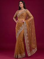 Elegant Brown Sequins Net Wedding Wear Saree With Blouse
