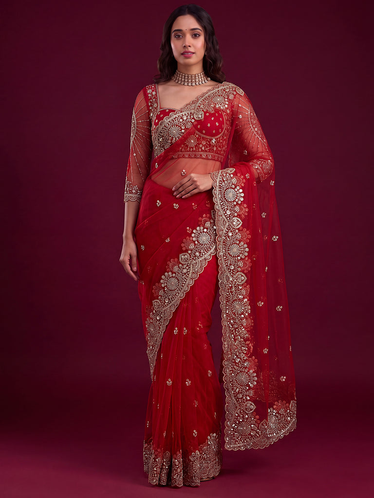 Luxurious Red Embroidered Net Bridal Wear Saree With Blouse