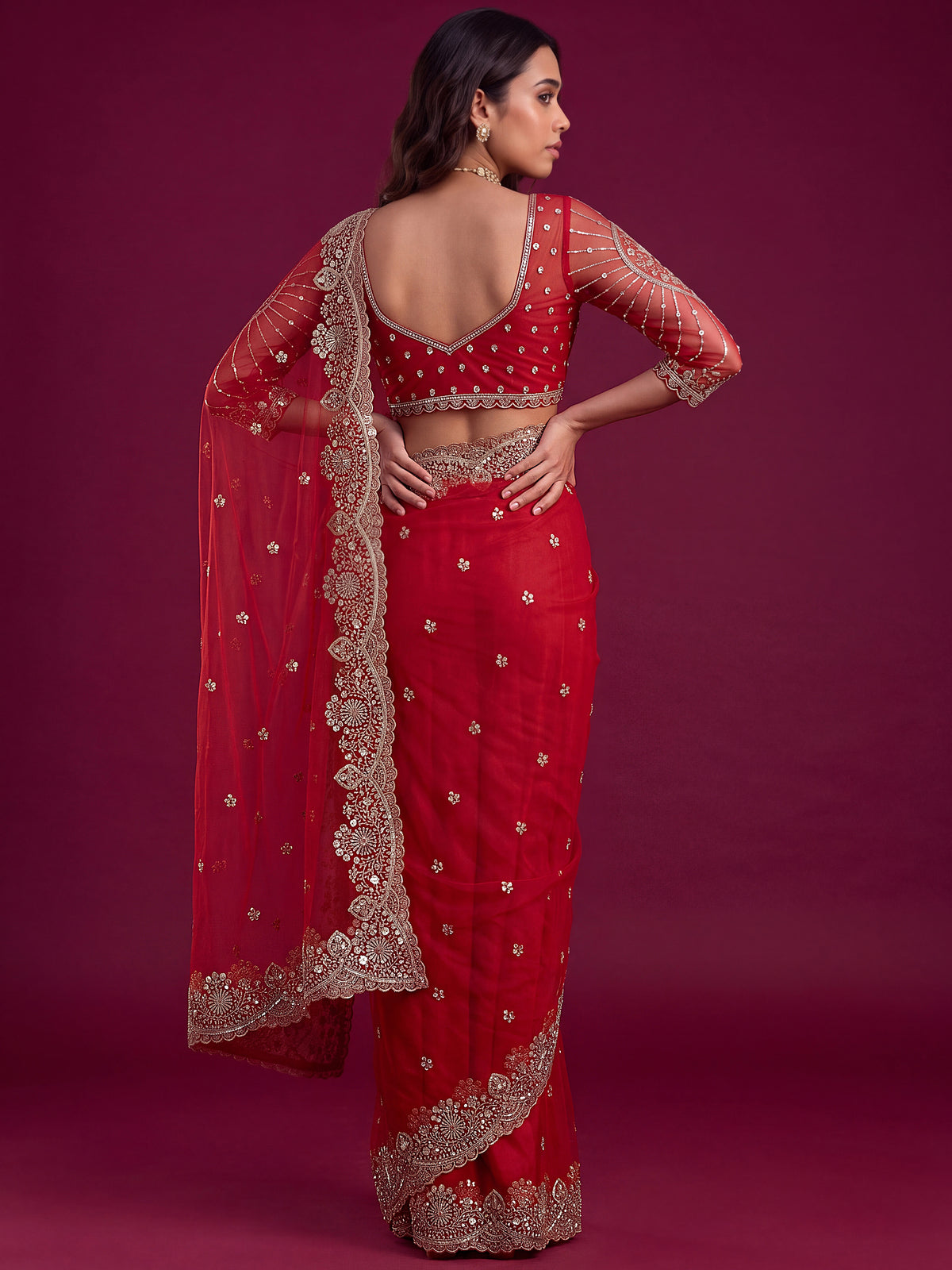 Luxurious Red Embroidered Net Bridal Wear Saree With Blouse