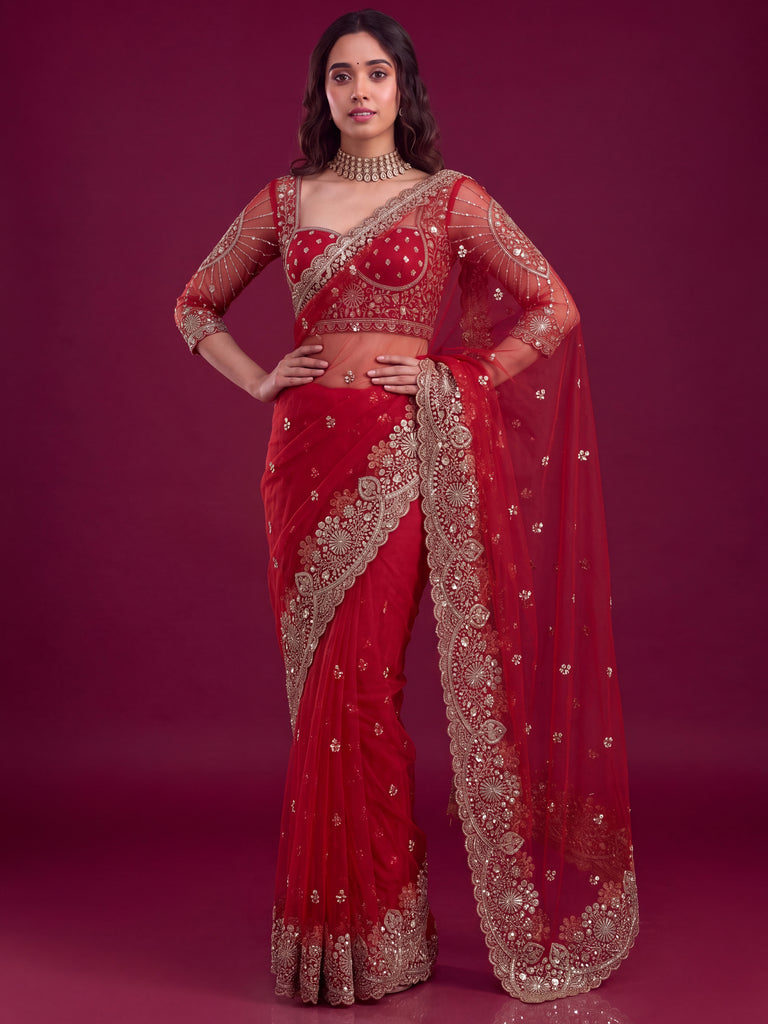 Luxurious Red Embroidered Net Bridal Wear Saree With Blouse