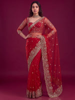 Luxurious Red Embroidered Net Bridal Wear Saree With Blouse