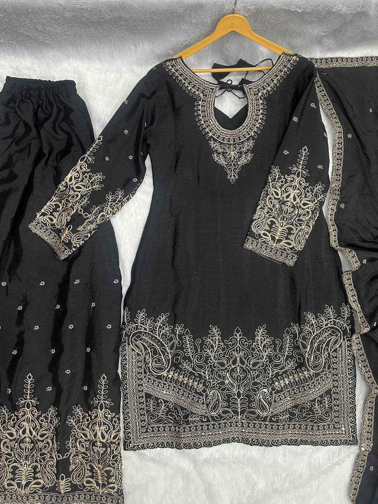 Incredible Black Embroidered Chinon Festival Wear Palazzo Suit