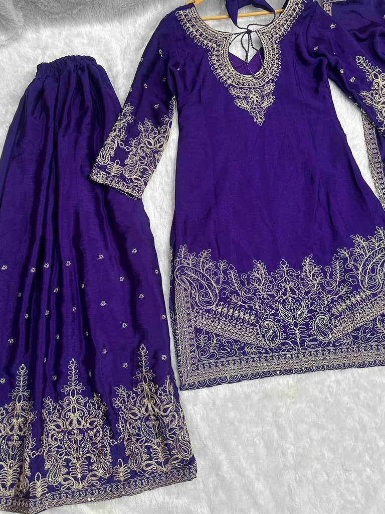 Enchanting Purple Embroidered Chinon Function Wear Palazzo Suit
