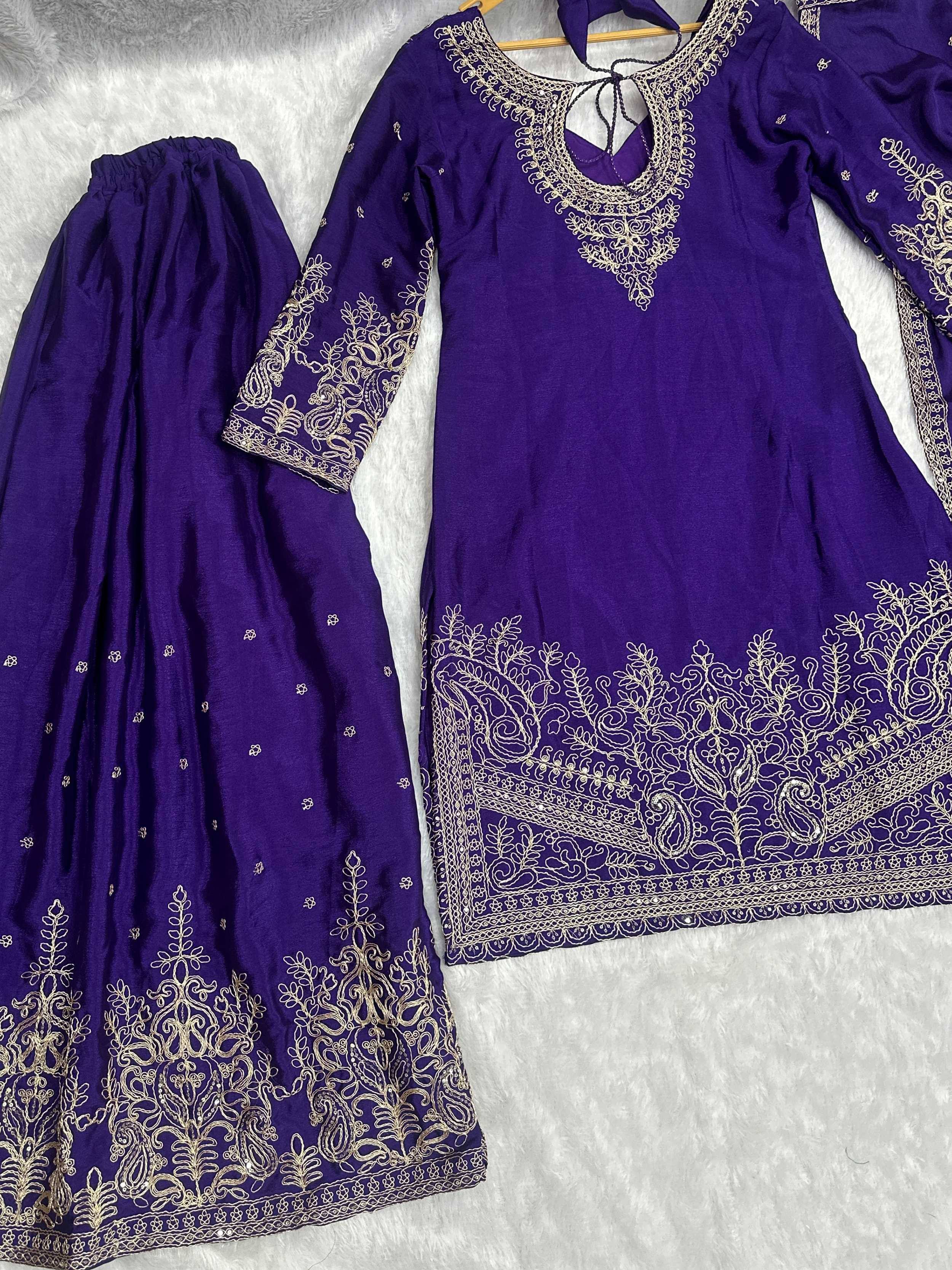 Enchanting Purple Embroidered Chinon Function Wear Palazzo Suit
