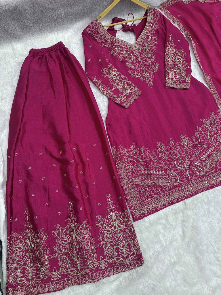 Outstanding Pink Embroidered Chinon Wedding Wear Palazzo Suit