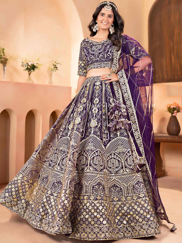 Enchanting Purple Zari Embroidered Net Reception Wear Lehenga Choli