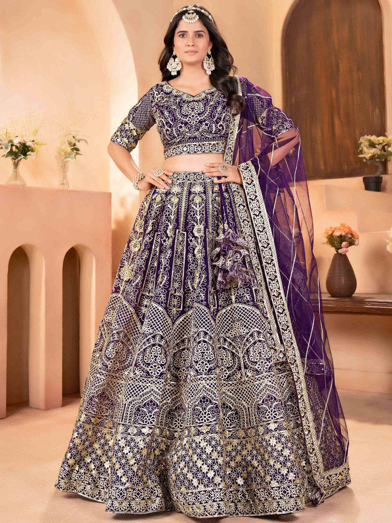 Enchanting Purple Zari Embroidered Net Reception Wear Lehenga Choli