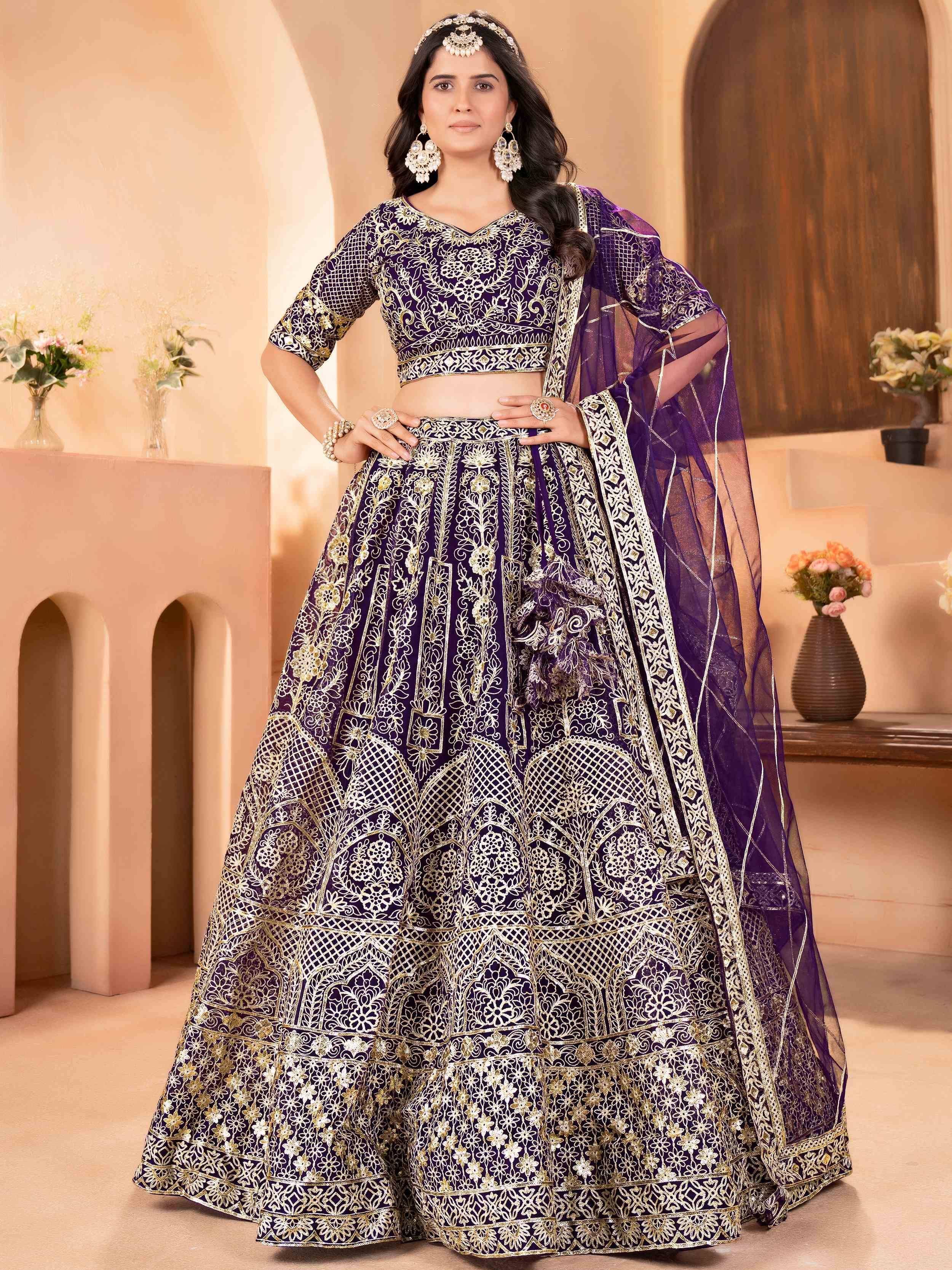 Enchanting Purple Zari Embroidered Net Reception Wear Lehenga Choli