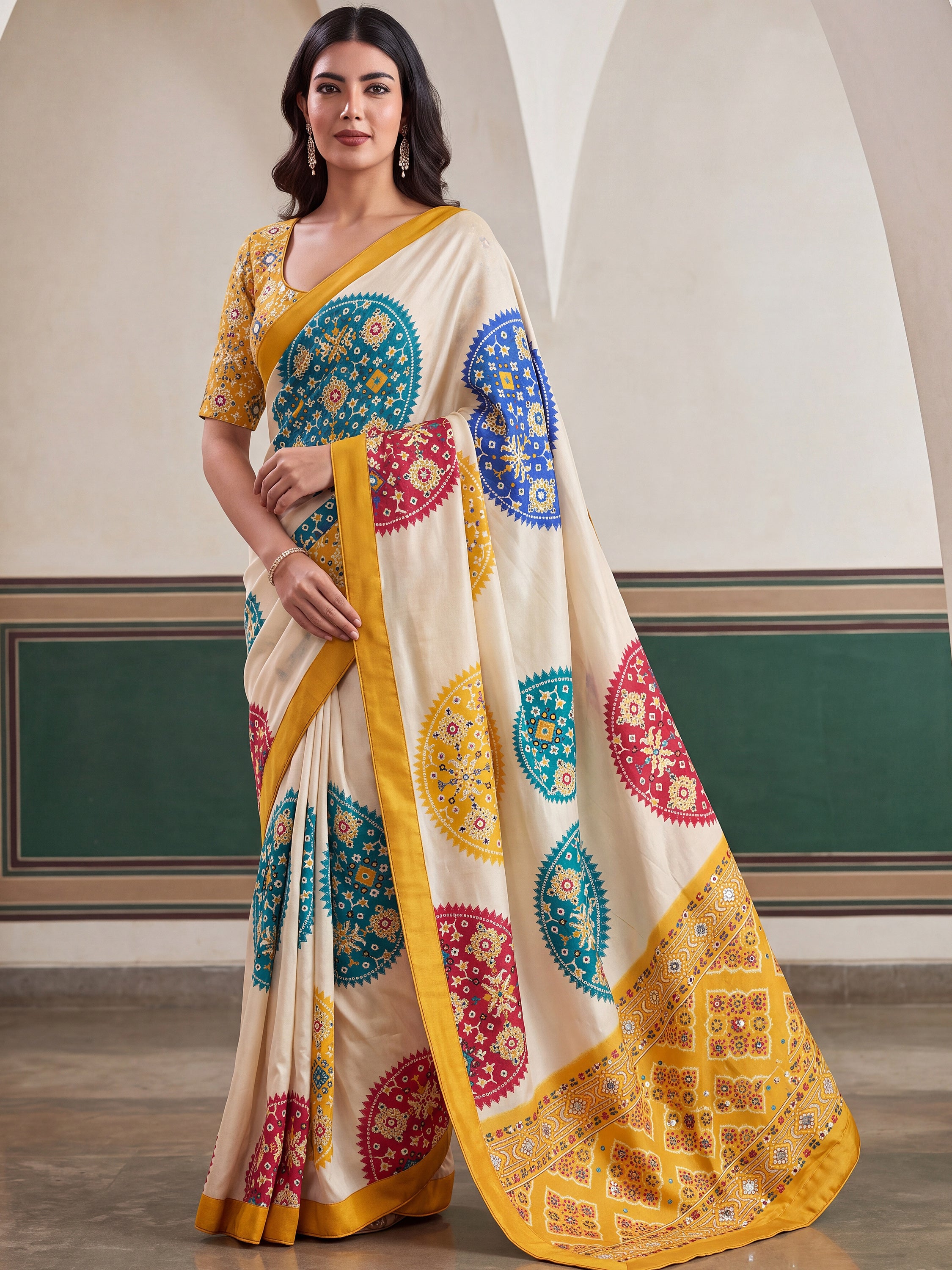 Notable Cream Patola Printed Crepe Haldi Wear Saree With Blouse