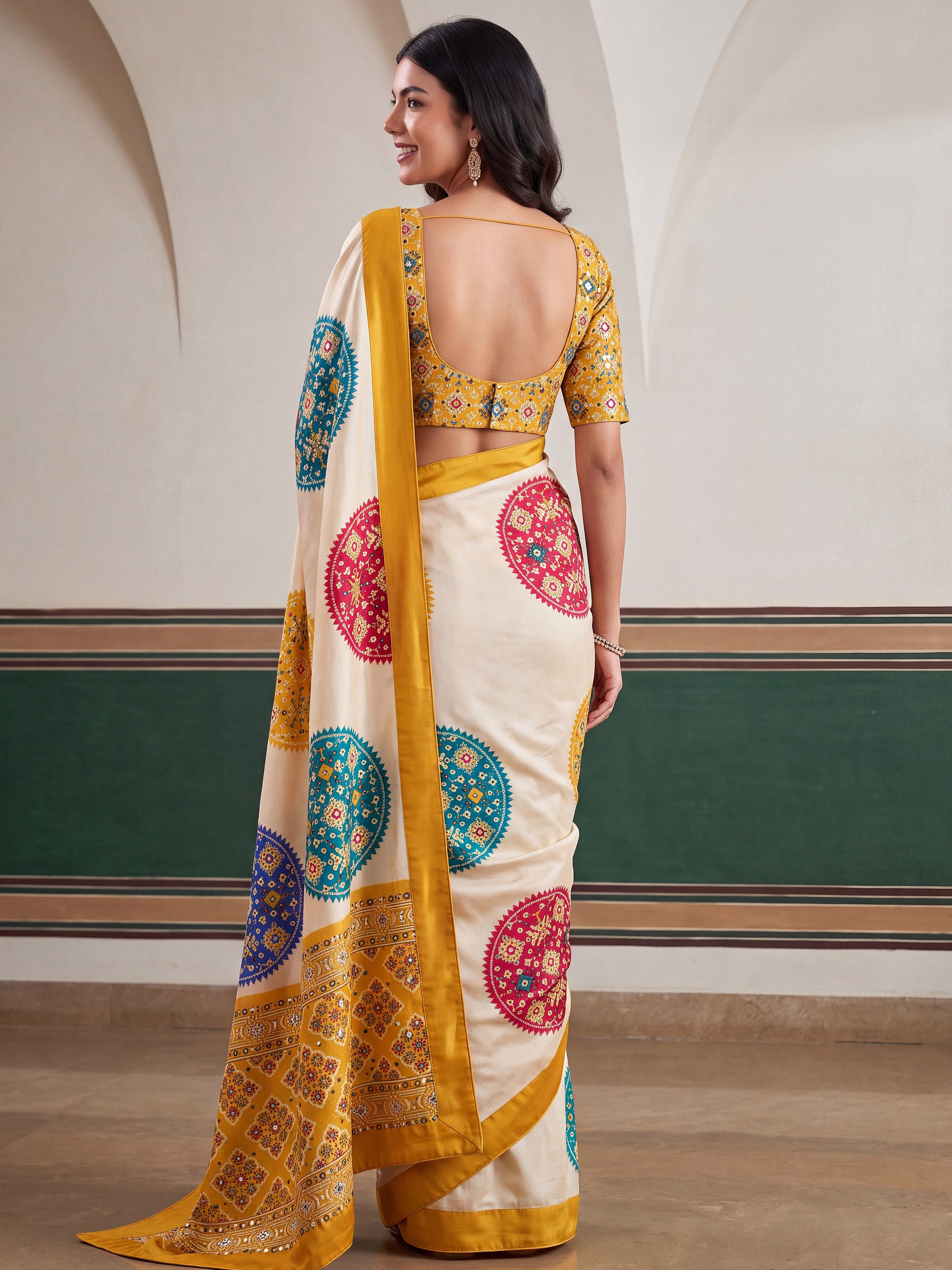 Notable Cream Patola Printed Crepe Haldi Wear Saree With Blouse
