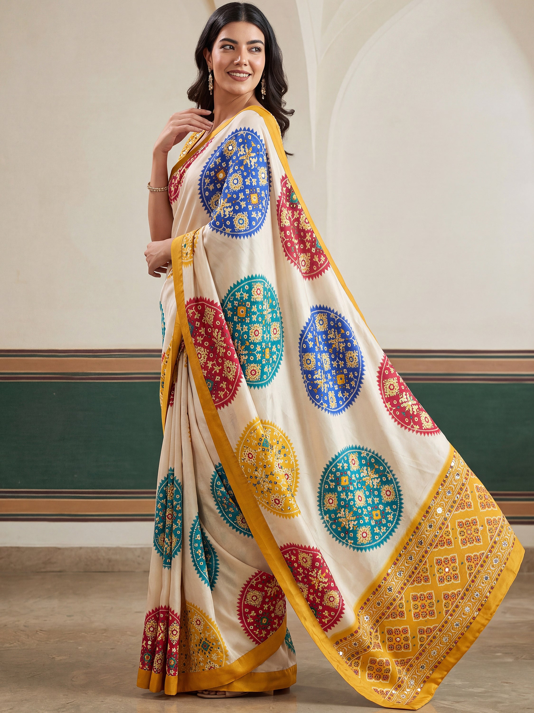 Notable Cream Patola Printed Crepe Haldi Wear Saree With Blouse