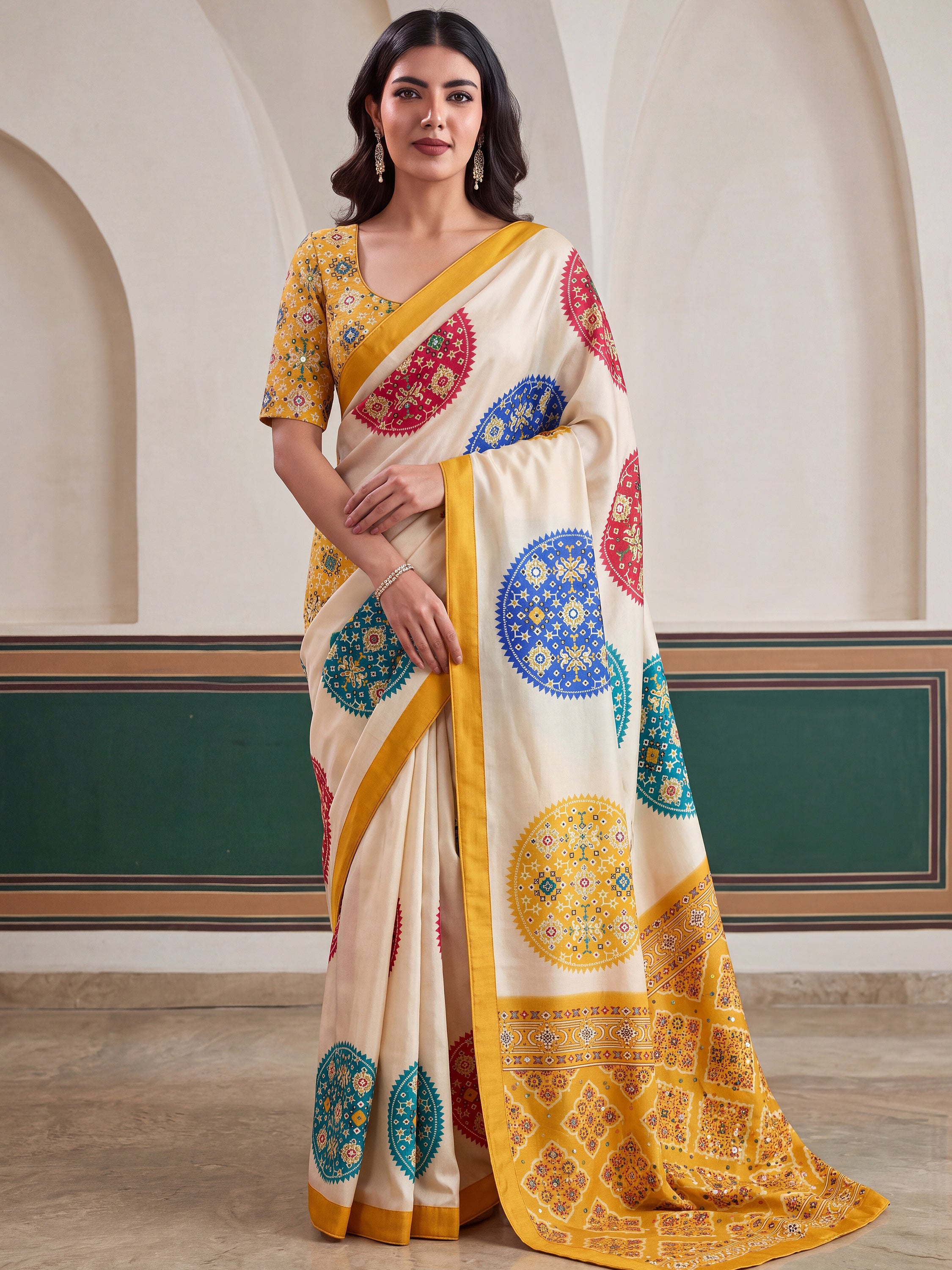 Notable Cream Patola Printed Crepe Haldi Wear Saree With Blouse