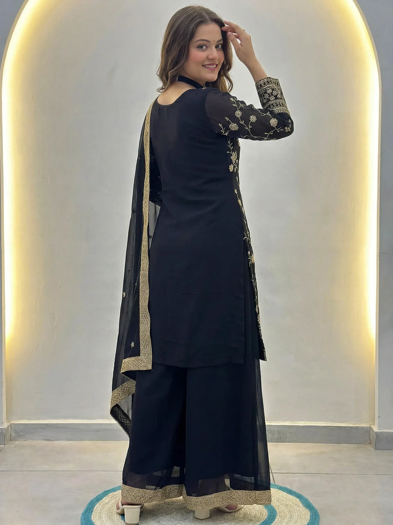 Black embroidered salwar kameez with gold detailing, stylish ethnic wear for women