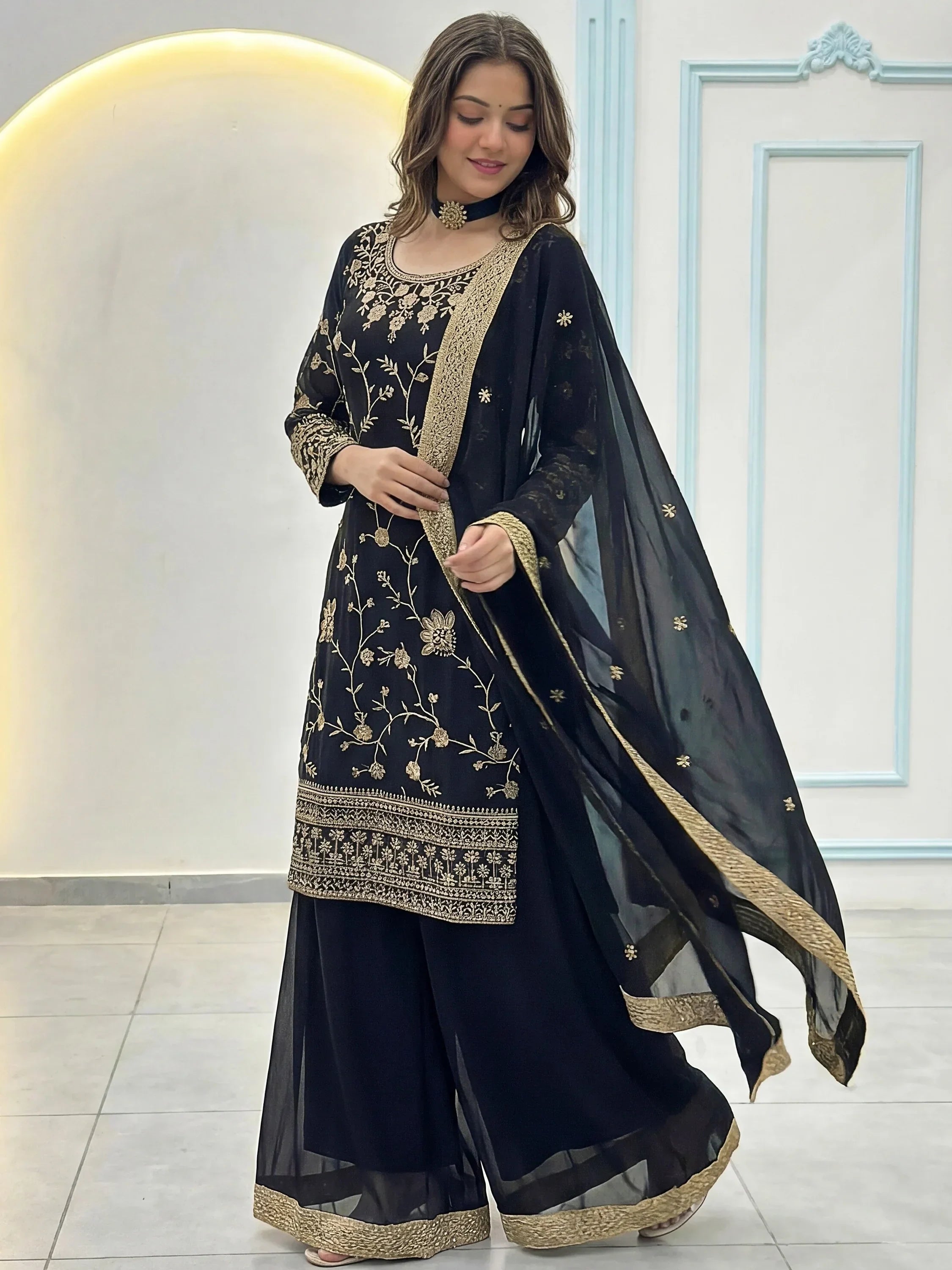 Sparkling Black Embroidered Georgette Festive Wear Palazzo Suit