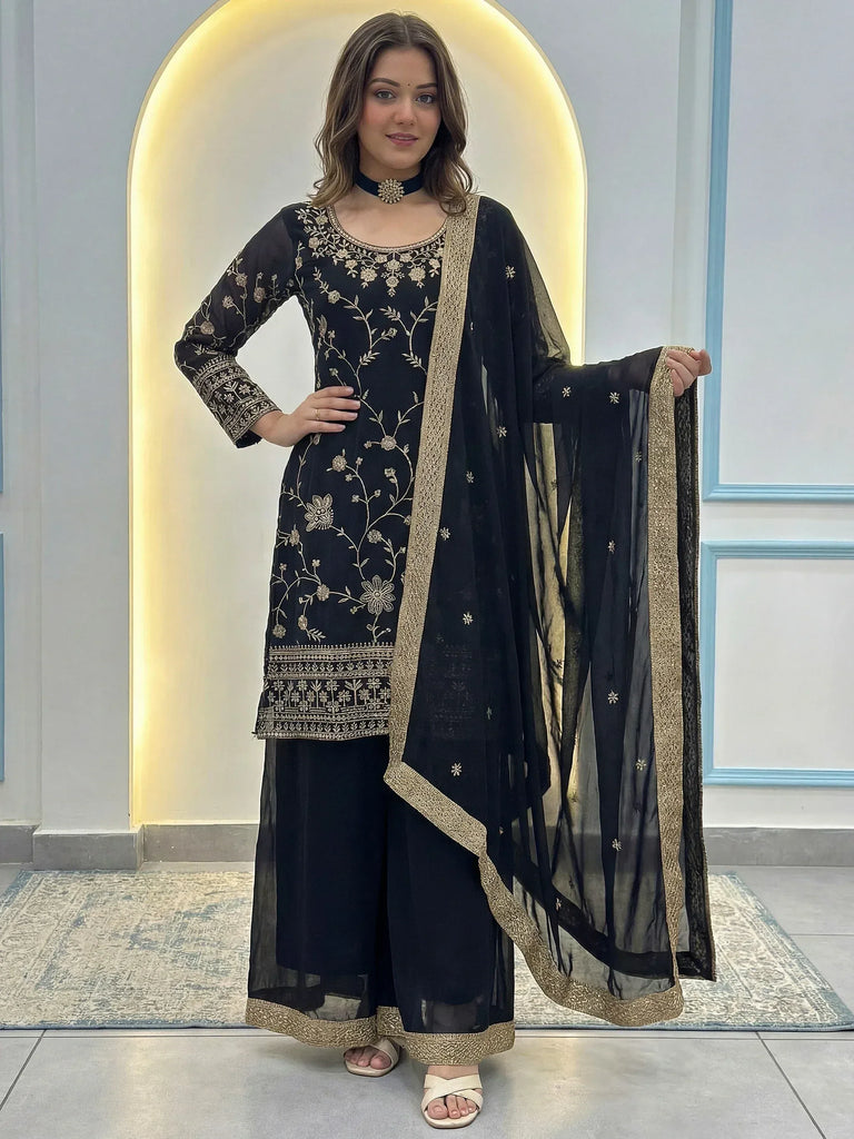 Black embroidered salwar kameez with gold floral work and sheer dupatta, stylish Indian ethnic wear