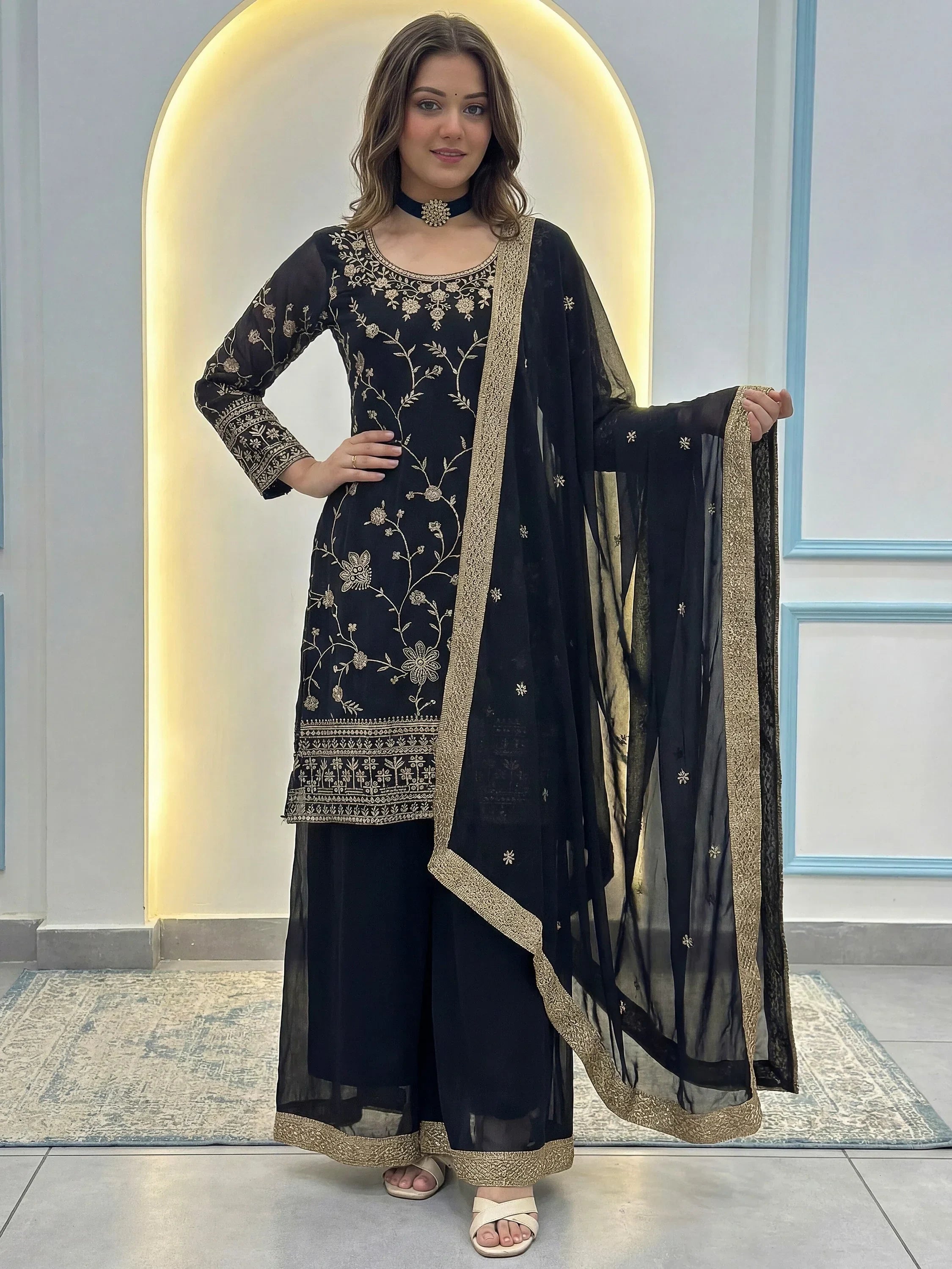 Sparkling Black Embroidered Georgette Festive Wear Palazzo Suit