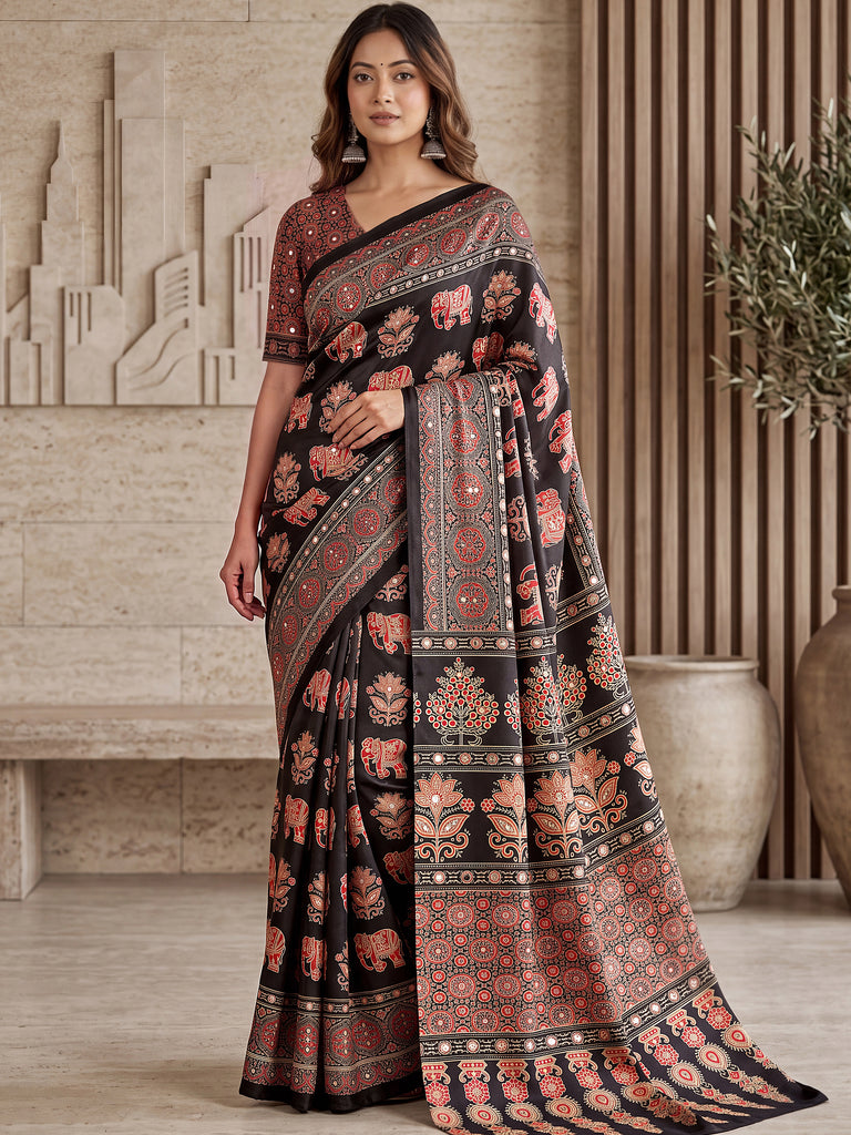 Dazzling Black Digital Printed Crepe Silk Party Wear Saree With Blouse