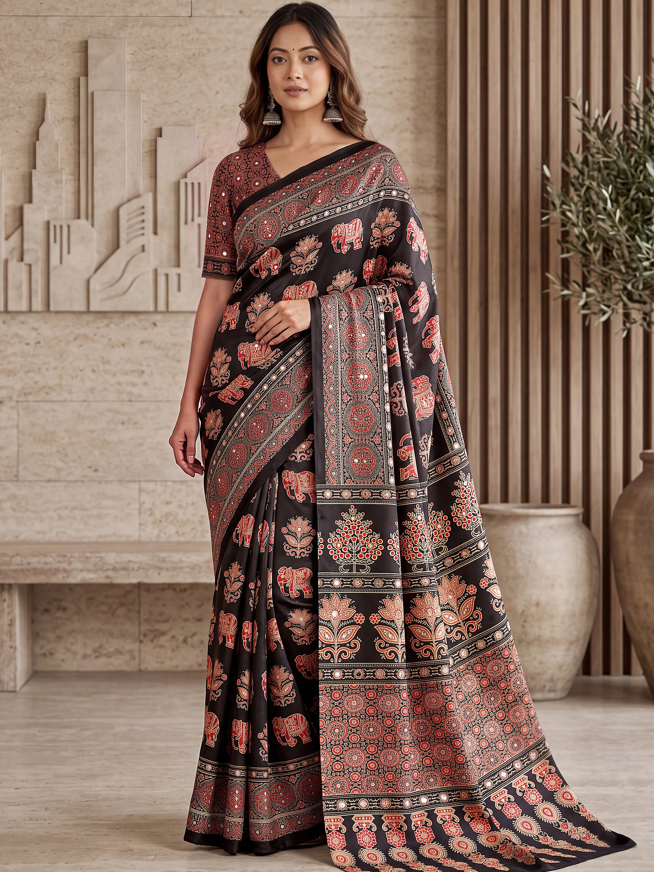 Dazzling Black Digital Printed Crepe Silk Party Wear Saree With Blouse