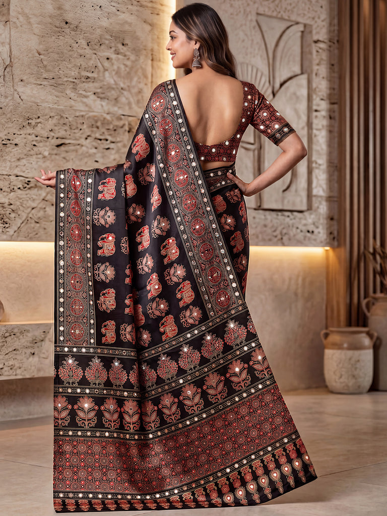 Dazzling Black Digital Printed Crepe Silk Party Wear Saree With Blouse