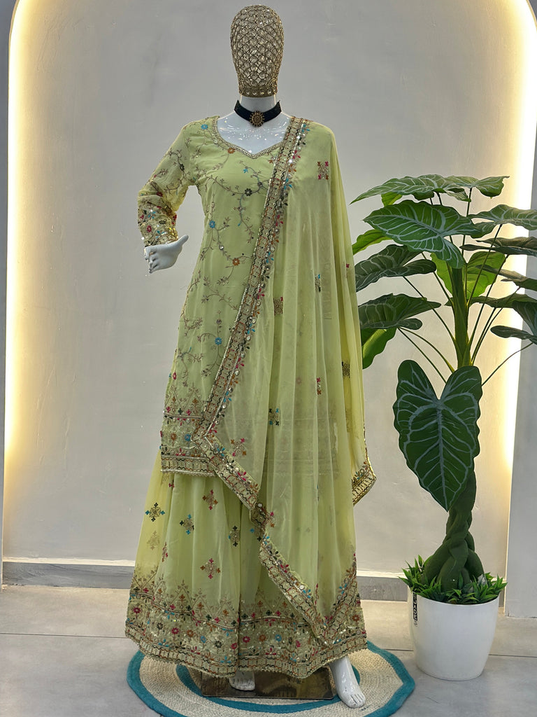 Fabulous Green Embroidered Georgette Function Wear Sharara Suit