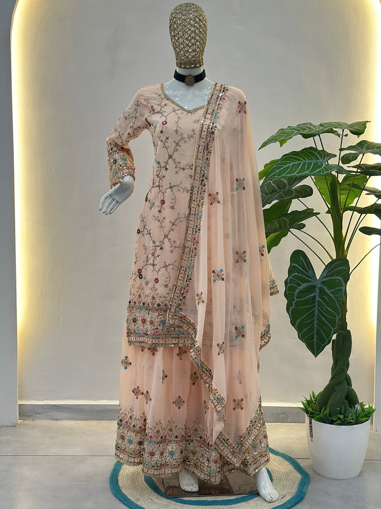 Fantastic Peach Embroidered Georgette Festival Wear Sharara Suit