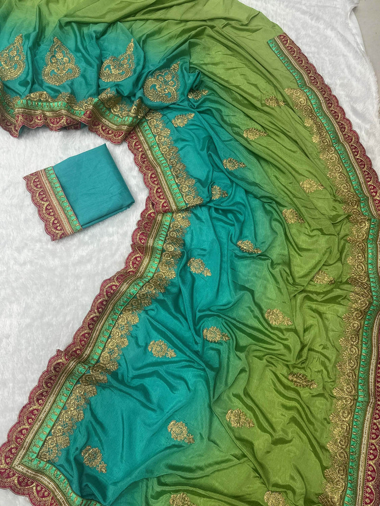 Fabulous Green Coding Work Chinon Wedding Wear Saree With Blouse