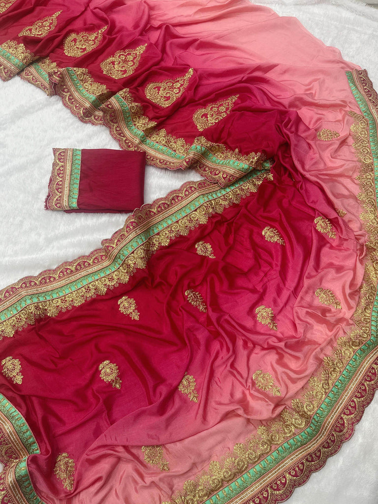 Glamorous Red Embroidered Chinon Wedding Wear Saree With Blouse