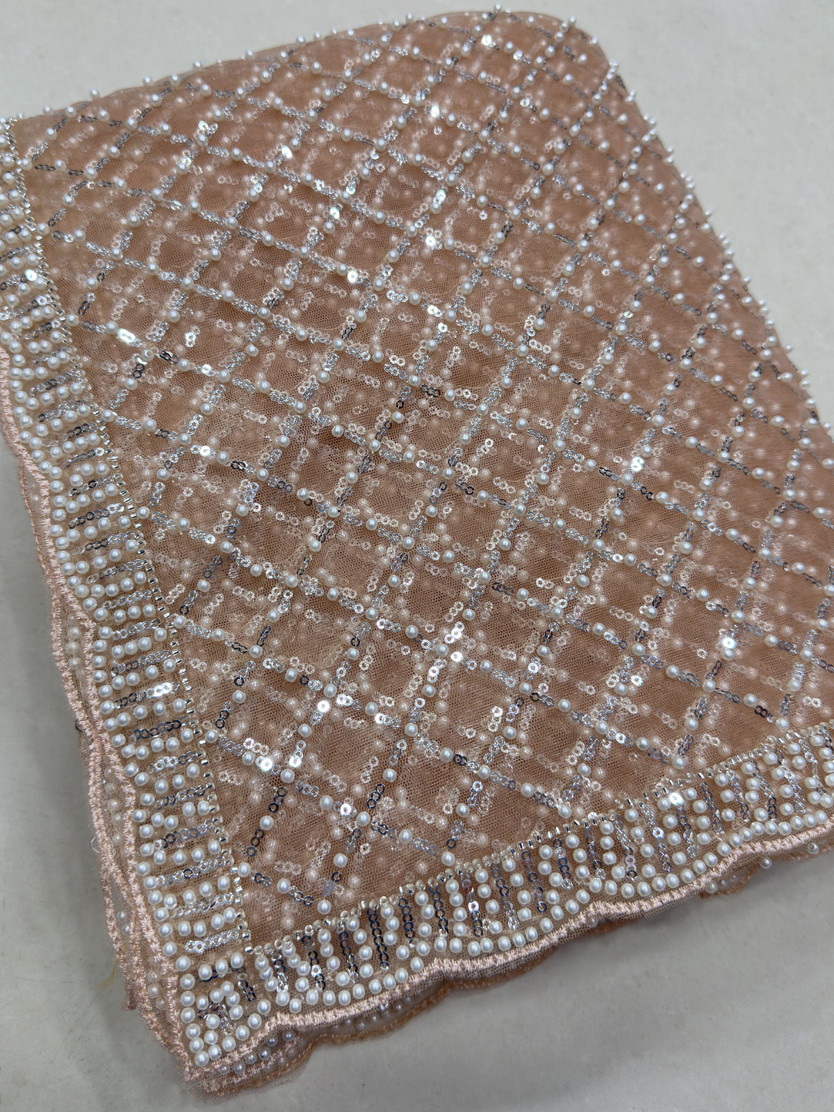 Magnificent Peach Bead Work Net Function Wear Saree With Blouse