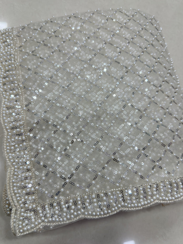 Wondrous White Pearl Work Net Sangeet Wear Saree With Blouse