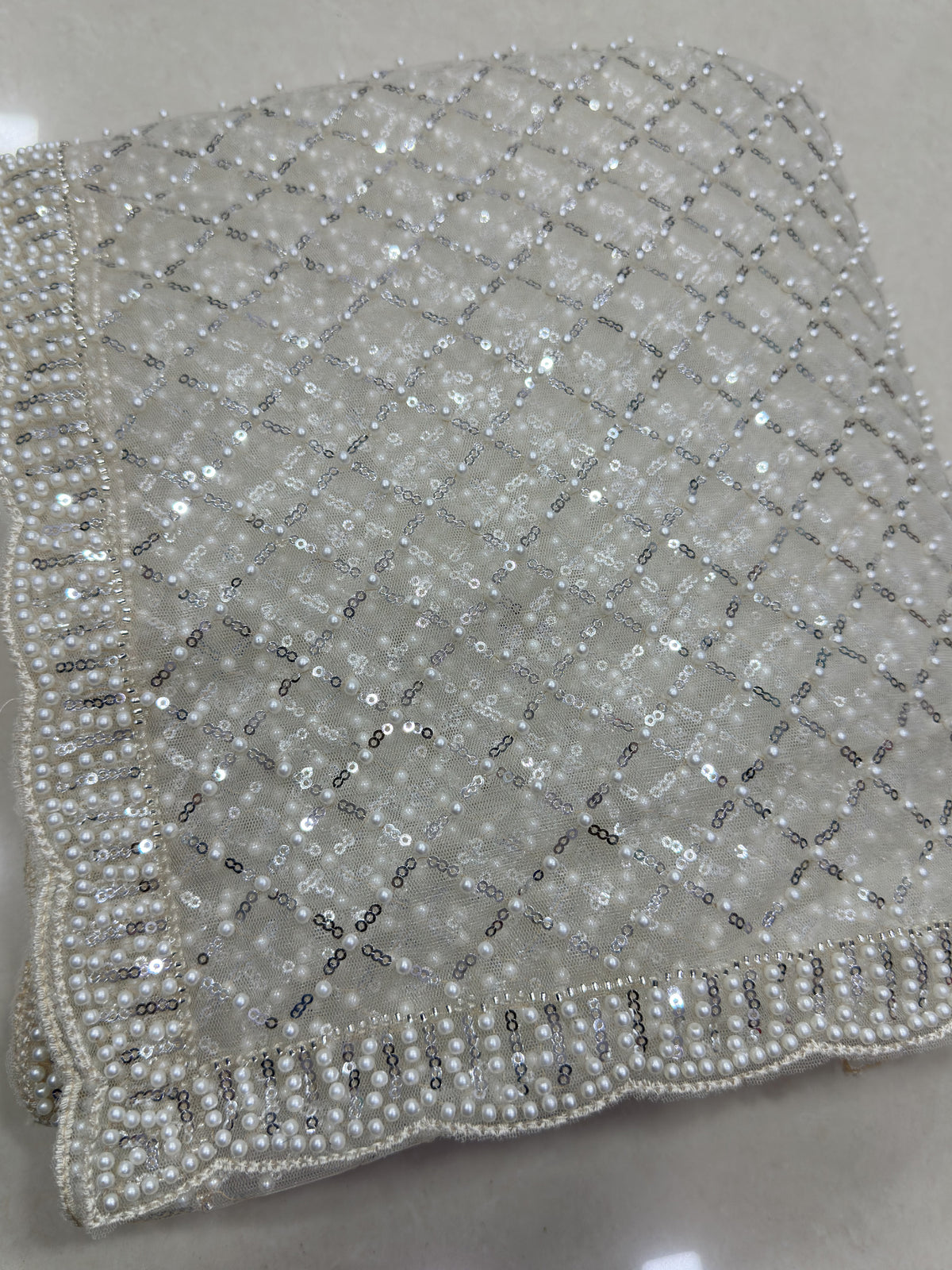 Wondrous White Pearl Work Net Sangeet Wear Saree With Blouse