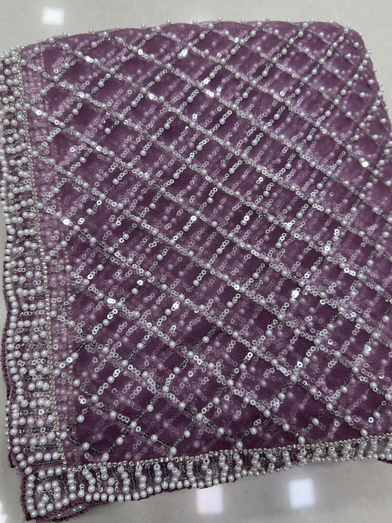 breathtaking Lavender Sequins Net Party Wear Saree With Blouse