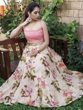 Awesome Off White Satin Floral Printed Festival Wear Crop Top Lehenga
