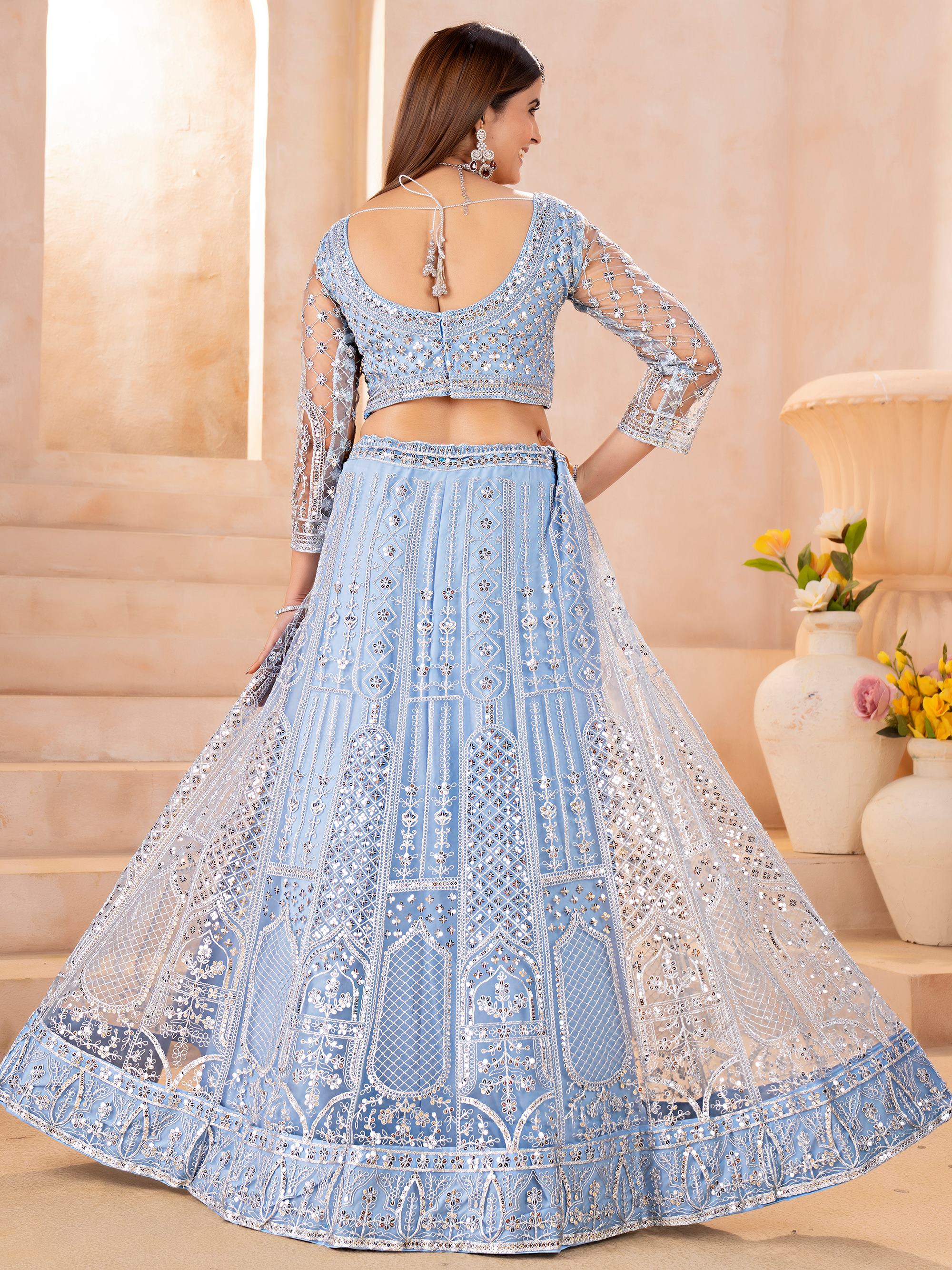 Stunning Blue Embroidered Chinon Wedding Wear Lehenga Choli